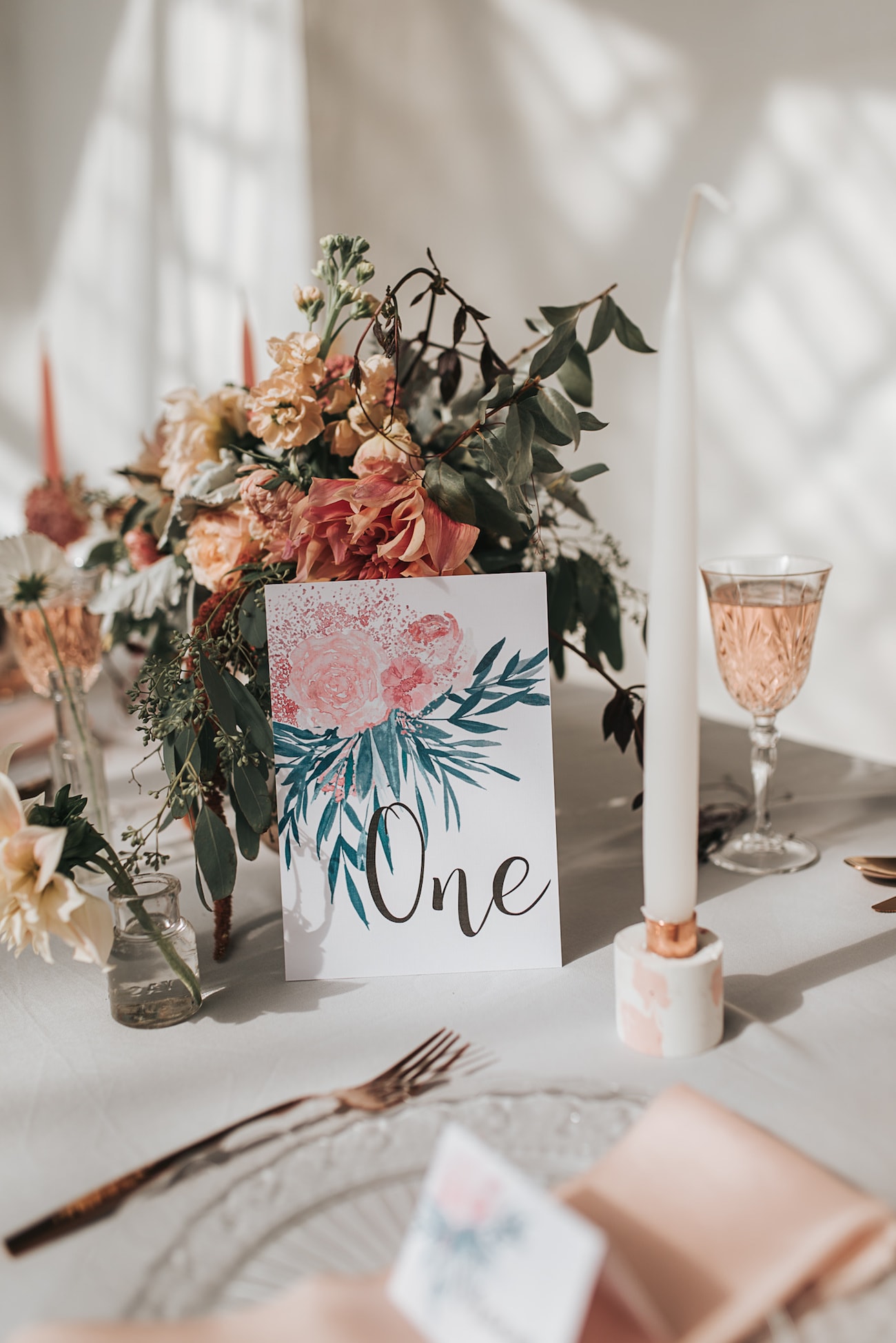 Watercolor Floral Table Number | Image: Pear & Bear Photography