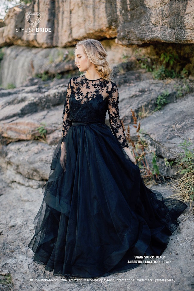 15 Chic Black Wedding Dresses for Bold Brides | Swan Tulle Skirt & Albertine Lace Top by Stylish Bride